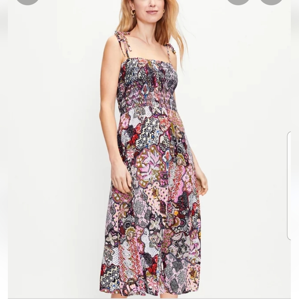 Loft Petite Floral Smocked Strappy Midi Dress